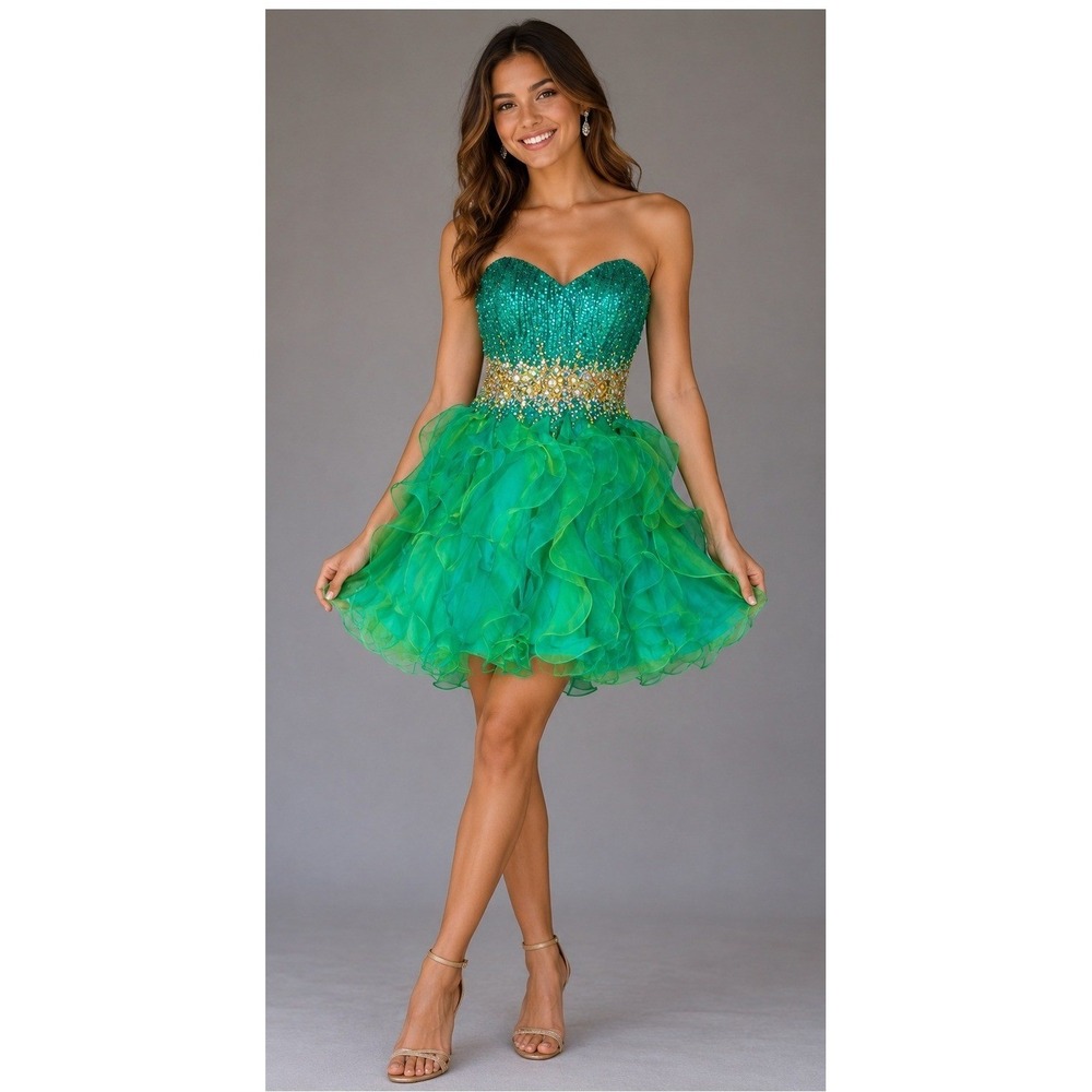 Cinderella Green Sequin Beaded Ruffle Homecoming Dress Size 10 Party Formal Prom